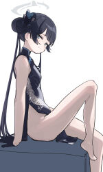 Rule 34 | 1girl, barefoot, black dress, black gloves, black hair, blue archive, breasts, butterfly hair ornament, china dress, chinese clothes, closed mouth, dragon print, dress, gloves, grey eyes, hair bun, hair ornament, halo, highres, kisaki (blue archive), long hair, looking at viewer, namaonpa, pelvic curtain, side slit, simple background, sitting, sketch, sleeveless, sleeveless dress, small breasts, solo, twintails, white background