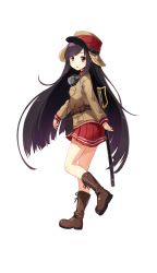 Rule 34 | 1girl, aviator cap, black hair, boots, brown footwear, doi takami, formation girls, from side, full body, hat, highres, long hair, looking at viewer, military hat, official art, pleated skirt, red eyes, red skirt, skirt, solo, sword, tokumaro, transparent background, very long hair, weapon