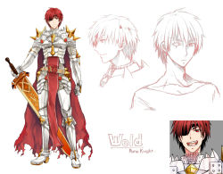 Rule 34 | 1boy, armor, armored boots, boots, breastplate, cape, chainmail, character name, character sheet, closed mouth, commentary request, eyepatch, full body, garter straps, holding, holding sword, holding weapon, leg armor, looking at viewer, male focus, misuguu, multiple views, open mouth, ragnarok online, red cape, red eyes, red hair, rune knight (ragnarok online), scar, shirt, short hair, simple background, spiked pauldrons, sword, tabard, torn cape, torn clothes, upper body, weapon, white background