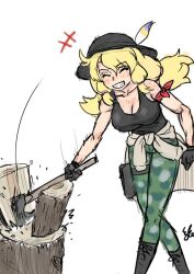 Rule 34 | 1girl, axe, bare shoulders, blonde hair, blush, body freckles, breasts, calenda (kemono friends), camouflage, camouflage pants, cleavage, firewood, freckles, grin, hat feather, holding, holding axe, kemono friends, kishida shiki, large breasts, log, long hair, looking at viewer, pants, photo-referenced, smile, solo, tank top, tied sweater, twintails, wood