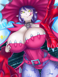 Rule 34 | 1girl, appmon, breasts, claws, cleavage, digimon, hat, highres, huge breasts, long hair, looking at viewer, pointy ears, purple hair, solo, warudamon, witch hat, yellow eyes