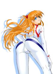 Rule 34 | 1girl, ass, bacillus, blue eyes, bodysuit, breasts, brown hair, cameltoe, cleft of venus, cowboy shot, evangelion: 3.0+1.0 thrice upon a time, eyepatch, floating hair, hair between eyes, hair ornament, highres, interface headset, long hair, looking at viewer, looking back, neon genesis evangelion, plugsuit, rebuild of evangelion, shiny clothes, simple background, small breasts, solo, souryuu asuka langley, two side up, very long hair, white bodysuit