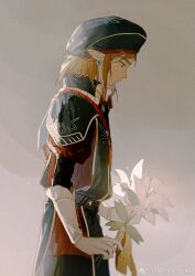 Rule 34 | 1boy, akihare, black hat, black shirt, black vest, blonde hair, blue eyes, blue hat, closed mouth, collared shirt, cowboy shot, earrings, flower, gloves, gold trim, gradient background, grey background, hat, highres, holding, holding flower, jewelry, juliet sleeves, light particles, link, long sleeves, looking down, male focus, medium hair, military uniform, nintendo, profile, puffy sleeves, red shirt, royal guard set (zelda), shirt, single earring, solo, the legend of zelda, the legend of zelda: breath of the wild, uniform, vest, weibo logo, weibo username, white flower, white gloves