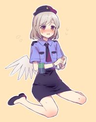 Rule 34 | 1girl, alternate costume, angel wings, black necktie, blue shirt, blush, commentary request, crescent, crescent hat ornament, cuffs, flying sweatdrops, furrowed brow, grey hair, handcuffs, hat, hat ornament, kishin sagume, looking at viewer, necktie, orange background, police, police hat, police uniform, policewoman, red eyes, school uniform, serafuku, shirt, short hair, simple background, single wing, sitting, solo, touhou, touya (konpekitou), uniform, wings