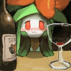 Rule 34 | 10s, 1girl, :3, alcohol, artist request, blush, colored skin, creatures (company), cup, dark, dated, drinking glass, drunk, female focus, flower, flower on head, game freak, gen 2 pokemon, gen 5 pokemon, green hair, half-closed eyes, head rest, lilligant, looking at viewer, monster girl, nintendo, no humans, plant girl, pokemon, pokemon (creature), pokemon bw, red eyes, sentret, smile, solo, swept bangs, white skin, wine, wine glass