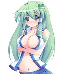 Rule 34 | 1girl, blush, breast hold, breasts, cleavage, collarbone, detached sleeves, female focus, frog, green eyes, green hair, hair ornament, highres, kazami chiu, kochiya sanae, large breasts, long hair, matching hair/eyes, navel, no bra, open clothes, open shirt, shirt, side slit, simple background, skirt, smile, snake, solo, touhou, upper body