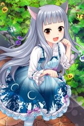 Rule 34 | 1girl, absurdres, alternative girls, animal ears, blush, bug, butterfly, cat ears, cat tail, dress, highres, hiiragi tsumugi, insect, leaf, light blush, long hair, official art, paw pose, silver hair, smile, striped clothes, striped legwear, striped thighhighs, tail, thighhighs