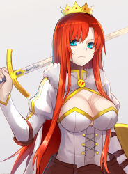 Rule 34 | 1girl, armor, bad id, bad pixiv id, between breasts, blue eyes, boudica (fate), boudica (third ascension) (fate), breasts, cape, cleavage, cleavage cutout, closed mouth, clothing cutout, commentary request, corset, crown, elbow pads, fate/grand order, fate (series), faulds, fingernails, fur collar, grey background, hair between breasts, hair between eyes, highres, holding, holding sword, holding weapon, juliet sleeves, large breasts, long hair, long sleeves, looking at viewer, o-ring, o-ring top, over shoulder, parted bangs, puffy sleeves, red cape, red hair, serious, shield, shrug (clothing), sidelocks, simple background, solo, standing, sword, sword over shoulder, twitter username, underbust, weapon, weapon over shoulder, white cape, yukihama