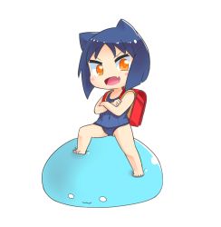 Rule 34 | 1girl, :3, animal ears, arcana heart, backpack, bag, barefoot, blue hair, cat ears, chibi, crossed arms, daidouji kira, empty eyes, fang, full body, looking at viewer, navel, one-piece swimsuit, open mouth, orange eyes, pecka, randoseru, red bag, school swimsuit, short hair, simple background, skin fang, slime (creature), swimsuit, v-shaped eyebrows, white background