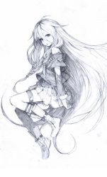 Rule 34 | 1girl, :o, ahoge, boots, braid, graphite (medium), hair between eyes, highres, ia (vocaloid), junwool, long bangs, long hair, looking at viewer, off shoulder, pencil, pink hair, pleated skirt, single thighhigh, skirt, solo, thigh strap, thighhighs, traditional media, very long hair, vocaloid