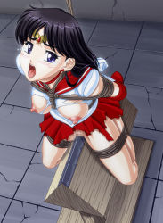 Rule 34 | 1990s (style), 1girl, apple pie (artist), arms behind back, bdsm, bishoujo senshi sailor moon, black hair, blush, bondage, bound, bound arms, bound legs, breast cutout, censored, choker, circlet, ear piercing, frogtie, hino rei, indoors, jelwery, long hair, mosaic censoring, nipples, no bra, no panties, no underwear, open mouth, piercing, purple eyes, pussy, pussy juice, retro artstyle, sailor mars, tears, teeth, tiara, torn clothes, torture, upper teeth only, wooden horse