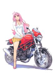 Rule 34 | 1girl, blush, breasts, carina (xiaowoo), collar, ducati, highres, legs, lips, long hair, monster, motor vehicle, motorcycle, on motorcycle, original, pink hair, skirt