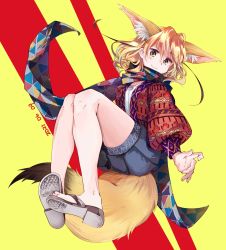Rule 34 | 1girl, alternate costume, animal ears, blonde hair, blush, casual, commentary request, denim, denim shorts, fennec (kemono friends), fox ears, fox girl, fox tail, highres, jacket, kemono friends, long sleeves, looking at viewer, nanana (nanana iz), patterned clothing, red jacket, sandals, scarf, short hair, shorts, smile, solo, tail, yellow eyes