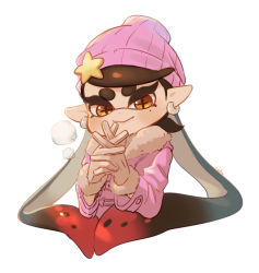 Rule 34 | + +, 1girl, artist name, beanie, black hair, breath, brown eyes, callie (splatoon), closed mouth, coat, commentary, coula cat, cropped torso, earrings, fur-trimmed coat, fur-trimmed gloves, fur trim, gloves, gradient hair, hat, hat ornament, inkling, interlocked fingers, jewelry, long hair, long sleeves, looking at viewer, mask, mole, mole under eye, multicolored hair, nintendo, own hands together, pink coat, pink hat, pointy ears, red hair, signature, simple background, smile, solo, star (symbol), star hat ornament, swept bangs, tentacle hair, white background, white gloves