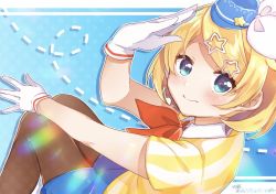 Rule 34 | 1girl, alternate costume, aqua eyes, ascot, blonde hair, blue background, blue eyes, blue shorts, bow, closed mouth, collared shirt, dotted line, flight attendant, from above, gloves, hair bow, hair ornament, hairclip, hat, highres, kagamine rin, knees together feet apart, looking at viewer, looking up, pantyhose, salute, shirt, short sleeves, shorts, simple background, sitting, smile, solo, star (symbol), striped clothes, striped shirt, swept bangs, tareme, tatibanamarin, travel attendant, vocaloid, white gloves