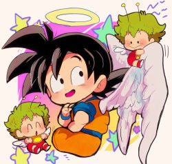 Rule 34 | 3boys, :&gt;, :d, ^ ^, angel wings, antennae, beige background, black eyes, black hair, chibi, closed eyes, creator connection, crossover, dougi, dr. slump, dragon ball, dragonball z, closed eyes, feathered wings, halo, looking back, male focus, motunabe707070, multiple boys, norimaki gajira, open mouth, simple background, smile, son goku, spiked hair, star (symbol), starry background, wings
