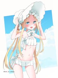 Rule 34 | 1girl, abigail williams (fate), abigail williams (swimsuit foreigner) (fate), abigail williams (swimsuit foreigner) (third ascension) (fate), bare shoulders, bikini, blonde hair, blue eyes, blue sky, blush, bonnet, bow, breasts, fate/grand order, fate (series), forehead, hair bow, highres, long hair, looking at viewer, miniskirt, navel, not on shana, open mouth, parted bangs, sidelocks, skirt, sky, small breasts, smile, swimsuit, thighs, twintails, very long hair, white bikini, white bow, white headwear