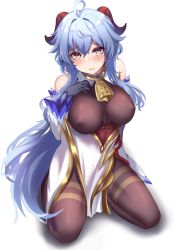 Rule 34 | 1girl, ahoge, bare shoulders, bell, blue hair, blush, bodysuit, breasts, chinese clothes, closed mouth, covered erect nipples, crossed bangs, detached sleeves, full body, ganyu (genshin impact), genshin impact, gloves, goat horns, highres, horns, john zhang, kneeling, large breasts, long hair, long sleeves, looking at viewer, purple eyes, simple background, solo, white background