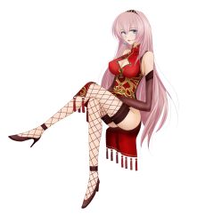 Rule 34 | 1girl, blue eyes, breasts, china dress, chinese clothes, cleavage, crossed legs, dress, elbow gloves, fishnet thighhighs, fishnets, gloves, high heels, highres, long hair, megurine luka, mono (shootingstar-hitomi), pink hair, project diva (series), project diva f, shoes, sitting, smile, solo, thighhighs, vocaloid, world&#039;s end dancehall (vocaloid)