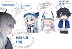 Rule 34 | 1boy, 3girls, :d, ?, ^ ^, alternate costume, arknights, black hair, black jacket, blue jacket, blush, chibi, closed eyes, cropped jacket, crossed arms, flying sweatdrops, freckles, grey hair, grey jacket, hair over one eye, highres, irene (arknights), jacket, long hair, lumen (arknights), multiple girls, open clothes, open jacket, open mouth, orange eyes, parted bangs, pink shirt, pointy ears, profile, red eyes, shirt, skadi (arknights), smile, specter (arknights), sweat, translation request, very long hair, white background, white headwear, white jacket, zuo daoxing