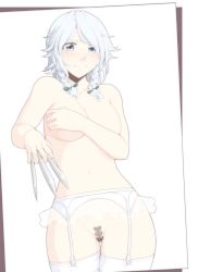 Rule 34 | 1girl, between fingers, blue eyes, blush, braid, breasts, censored, covering breasts, covering privates, garter belt, garter straps, holding, holding knife, izayoi sakuya, knife, knives between fingers, large breasts, navel, neko majin, nude, pointless censoring, pussy, short hair, silver hair, solo, thighhighs, touhou, twin braids, white thighhighs