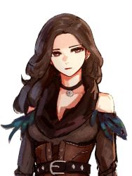 Rule 34 | 1girl, belt, black choker, black eyes, black hair, black scarf, breasts, choker, corset, fantasy, long hair, looking to the side, medium breasts, mole, mole under mouth, ombre t, red lips, scarf, solo, the witcher (series), the witcher 3, upper body, white background, yennefer