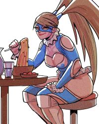 Rule 34 | 1girl, blonde hair, breasts, cleavage cutout, closed eyes, clothing cutout, davecavedraws, eating, food, highres, hip vent, large breasts, long hair, mask, noodles, rainbow mika, sitting, street fighter, twintails, very long hair, water