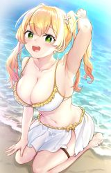Rule 34 | + +, 1girl, :d, amakumo517, armpits, beach, bikini, bikini skirt, blonde hair, breasts, cleavage, collarbone, fang, green eyes, highres, hololive, large breasts, long hair, momosuzu nene, navel, ocean, open mouth, sand, sitting, smile, solo, swimsuit, thigh strap, twintails, virtual youtuber, water, wet