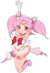 Rule 34 | 1girl, arm behind head, arm up, armpits, bad id, bad pixiv id, bishoujo senshi sailor moon, boots, brooch, chibi usa, choker, cone hair bun, full body, hair bun, heart, heart brooch, jewelry, magical girl, multicolored clothes, multicolored skirt, open mouth, pink footwear, pink hair, red eyes, ribbon, sailor chibi moon, short hair, skirt, solo, super sailor chibi moon, tiara, transparent background, twintails, uttao, white background