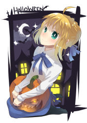 Rule 34 | 1girl, ahoge, artoria pendragon (fate), blonde hair, casual, fate/stay night, fate (series), green eyes, halloween, highres, jack-o&#039;-lantern, kneeling, luo., pantyhose, saber (fate), smile, solo