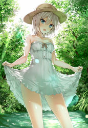 Rule 34 | 10s, 1girl, :d, aldehyde, anastasia (idolmaster), backlighting, bare shoulders, blue eyes, blush, clothes lift, commentary request, day, dress, dress lift, hat, idolmaster, idolmaster cinderella girls, legs, lens flare, lifting own clothes, looking at viewer, nature, open mouth, outdoors, short hair, silver hair, skirt, skirt lift, smile, solo, strapless, strapless dress, sun hat, sundress, wading, water, white dress