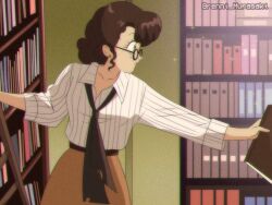 Rule 34 | 1990s (style), 1girl, animification, artist name, book, brenni murasaki, brown hair, earrings, english text, evelyn carnahan, glasses, holding, holding book, jewelry, ladder, librarian, library, retro artstyle, solo, sparkle background, the mummy, the mummy (1999)