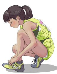 Rule 34 | 1girl, bare shoulders, black eyes, black socks, brown hair, commentary request, from side, full body, green footwear, green shirt, green shorts, hair intakes, hair ornament, hair scrunchie, highres, original, panties, pantyshot, ponytail, scrunchie, shirt, shoelaces, shoes, short hair, shorts, simple background, socks, solo, squatting, sumiyama, track uniform, tying shoes, underwear, upshorts, white background, white panties
