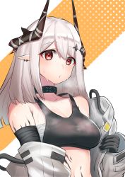 Rule 34 | 1girl, absurdres, arknights, bare shoulders, black choker, black gloves, breasts, choker, commentary request, crop top, gloves, halftone, highres, horns, infection monitor (arknights), k@bu, long hair, looking at viewer, material growth, medium breasts, midriff, mudrock (arknights), mudrock (elite ii) (arknights), navel, oripathy lesion (arknights), pointy ears, red eyes, sarashi, silver hair, solo, sports bra, stomach, sweat, upper body, white background