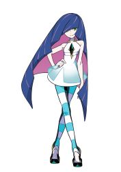 Rule 34 | 10s, 1girl, bare arms, bare shoulders, blue leggings, cosplay, creatures (company), crossed legs, crystal, dress, full body, game freak, green eyes, hair over one eye, hand on own hip, high heels, highres, leggings, long hair, looking at viewer, lusamine (pokemon), multicolored clothes, multicolored dress, multicolored hair, nintendo, official art, panty &amp; stocking with garterbelt, pink hair, pokemon, pokemon sm, purple hair, see-through, short dress, sleeveless, sleeveless dress, smile, solo, standing, stocking (psg), stocking (psg) (cosplay), striped, striped leggings, sugimori ken, take (illustrator), third-party edit, toe cleavage, transparent background, two-tone hair, very long hair, watson cross, white leggings