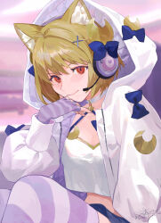 1girl animal_ear_fluff animal_ears arcueid_brunestud blonde_hair blue_skirt blush bow breasts camisole cat_ears choker cleavage crescent crescent_hair_ornament crop_top crop_top_overhang fate/grand_order fate_(series) fingerless_gloves gloves hair_ornament headphones hood hooded_jacket jacket large_breasts long_sleeves looking_at_viewer miniskirt phantas-moon phantas-moon_(second_ascension) purple_gloves purple_thighhighs red_eyes short_hair skirt smile solo striped_clothes striped_gloves striped_thighhighs thighhighs white_camisole white_jacket yatsushiro_(8246428)