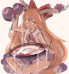 Rule 34 | 1girl, absurdres, bad id, bad twitter id, bow, chain, cup, fang, gourd, hair bow, hand up, highres, horns, ibuki suika, long hair, looking at viewer, neck ribbon, orange eyes, orange hair, pouring, purple bow, red bow, ribbon, sakazuki, simple background, smile, solo, touhou, tsukiori, very long hair, white background