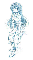 Rule 34 | 1girl, ankle boots, bbb (friskuser), blue theme, boots, casual, collared shirt, front slit, full body, girls und panzer, hairband, hand on own thigh, highres, long hair, long skirt, long sleeves, looking at viewer, monochrome, parted lips, reizei mako, shirt, sitting, skirt, socks, solo