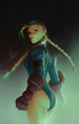 Rule 34 | 1girl, antenna hair, armband, ass, blonde hair, blue eyes, blue leotard, braid, breasts, cammy white, capcom, clenched hands, dave rapoza, elbow pads, facial scar, from behind, garrison cap, gloves, hat, heattech leotard, highres, leotard, lips, long braid, long hair, looking back, nose, red gloves, ribbed leotard, scar, scar on cheek, scar on face, single elbow pad, small breasts, smoke, solo, standing, street fighter, street fighter zero (series), turning head, turtleneck, twin braids