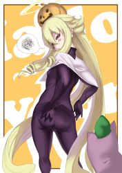 Rule 34 | 1girl, angelia avallone, aq interactive, arcana heart, ass, blonde hair, blush, bodysuit, breasts, capelet, deep skin, drill hair, ere (2516325), covered erect nipples, examu, from behind, halloween, halo, hand on ass, highres, jack-o&#039;-lantern, long hair, looking down, open mouth, pantylines, parted lips, red eyes, skin tight, small breasts, solo, spoken squiggle, squiggle, stuffed toy, sweatdrop, very long hair