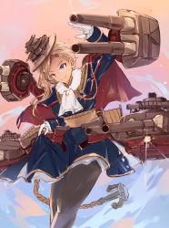 Rule 34 | 1girl, anchor, ascot, azur lane, battle, bell, blonde hair, blue capelet, blue dress, blue eyes, brooch, cannon, capelet, chain, cowboy shot, dress, earrings, eyebrows, eyewear on head, forehead, fur collar, gloves, hair over shoulder, hat, hood (azur lane), jewelry, long hair, long sleeves, machinery, outdoors, rigging, rocket launcher, sash, shika (shika0), smokestack, solo, tilted headwear, turret, union jack, water, weapon, white gloves, white hat