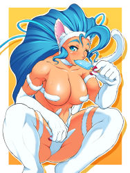 Rule 34 | 1girl, 68, ahoge, animal ears, animal hands, bad id, bad pixiv id, big hair, blue eyes, blue hair, breasts, capcom, cat ears, cat girl, cat tail, cleavage, eating, felicia (vampire), food, fur, hairband, large breasts, long hair, matching hair/eyes, muscular, muscular female, navel, one eye closed, popsicle, solo, spread legs, squatting, sweat, tail, thighhighs, thighs, vampire (game), wink