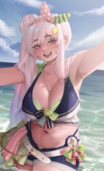 Rule 34 | 1girl, absurdres, airani iofifteen, armpits, belt, bikini, breasts, cleavage, commentary, english commentary, hairband, heart, heart-shaped pupils, highres, hololive, hololive indonesia, hololive summer 2023 swimsuit, icedsolero (pixiv44011048), incoming hug, large breasts, layered bikini, long hair, navel, ocean, open mouth, paint splatter, paint splatter on face, purple eyes, side ponytail, sidelocks, smile, solo, swimsuit, symbol-shaped pupils, tongue, tongue out, very long hair, virtual youtuber, wading, water, white belt, white hair