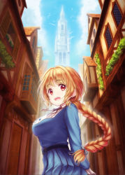Rule 34 | 1girl, :d, alba (little witches), arms behind back, belt, bird, blonde hair, blouse, blue shirt, blue skirt, blue sky, braid, breasts, building, church, day, eyebrows, from below, from side, hair ribbon, highres, house, large breasts, long hair, long sleeves, looking at viewer, neck ribbon, open mouth, orange hair, original, outdoors, pleated skirt, red eyes, ribbon, ringlets, shirt, single braid, skirt, sky, smile, solo, spire, tower, town, very long hair