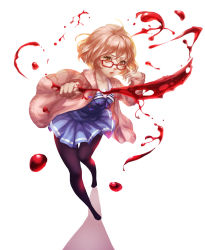 Rule 34 | 10s, 1girl, adjusting eyewear, ahoge, black pantyhose, blonde hair, blood, blouse, blue shirt, blue skirt, cardigan, close-up, eyelashes, foreshortening, full body, glasses, hemokinesis, highres, holding, holding sword, holding weapon, kuriyama mirai, kyoukai no kanata, leaning to the side, lips, long sleeves, looking at viewer, no shoes, open cardigan, open clothes, open mouth, outstretched arm, pantyhose, pleated skirt, red-framed eyewear, school uniform, serafuku, shirt, simple background, skirt, solo, standing, sword, weapon, wff 87 (xuan qing), white background, wind, yellow eyes
