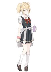 Rule 34 | 1girl, absurdres, ahoge, arm at side, artist request, black skirt, black vest, blonde hair, blush, bow, bowtie, braid, brown eyes, clothes around waist, collared shirt, commentary request, french braid, full body, hair ornament, hairclip, head tilt, highres, holding, jacket, jacket around waist, jewelry, juice box, kneehighs, looking at viewer, looking to the side, loose bowtie, medium hair, miyamae nonoa, necklace, pleated skirt, red bow, red bowtie, school uniform, scrunchie, second-party source, shirt, side ponytail, sidelocks, sideways glance, sketch, skirt, socks, solo, star (symbol), star hair ornament, tokidoki bosotto roshia-go de dereru tonari no arya-san, vest, white shirt, white socks, wrist scrunchie