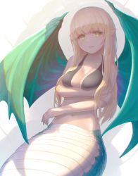 Rule 34 | 1girl, beatmania, beatmania iidx, blonde hair, breast hold, breasts, chitose rin, echidna (mythology), female focus, greek mythology, green eyes, highres, lamia, monster girl, navel, pointy ears, smile, solo, wings