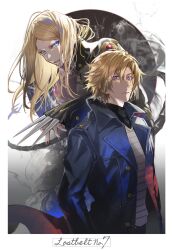 Rule 34 | 2boys, blonde hair, blue eyes, border, closed mouth, daybit sem void, evil smile, fate/grand order, fate (series), hair between eyes, highres, jacket, long hair, looking at viewer, multiple boys, open clothes, open jacket, open mouth, parted bangs, poppoman, purple eyes, short hair, smile, tezcatlipoca (fate), tezcatlipoca (second ascension) (fate), white border