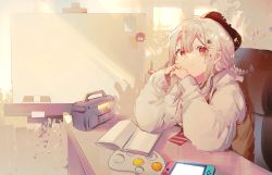 Rule 34 | 1girl, beret, braid, braided ponytail, hair between eyes, hair ornament, hairclip, hands up, hat, highres, indie virtual youtuber, jacket, kurotero, long hair, long sleeves, looking at viewer, nintendo switch, own hands together, palette (object), radio, red eyes, sitting, smile, solo, twintails, virtual youtuber, warma, white hair, white jacket, whiteboard