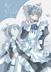 Rule 34 | 1boy, alternate costume, animal ear fluff, animal ears, apron, bad id, bad twitter id, black collar, black dress, black gloves, black hairband, black nails, blue background, blue hair, blue ribbon, bow, buttons, cat boy, cat ears, cat tail, character name, collar, collared dress, commentary, crossdressing, dress, earclip, earrings, enmaided, feet out of frame, fingernails, fishnets, frilled apron, frilled dress, frilled hairband, frills, glasses, gloves, gold earrings, gradient eyes, gradient hair, green eyes, grey hair, hair between eyes, hairband, hand up, highres, ike eveland, jewelry, juliet sleeves, kemonomimi mode, long sleeves, maid, maid apron, maid headdress, male focus, multicolored eyes, multicolored hair, nail polish, neck ribbon, nijisanji, nijisanji en, parted lips, paw print, puffy sleeves, quildren (ike eveland), ribbon, semi-rimless eyewear, shadow, short hair, sitting, sleeve cuffs, solo, symbol-only commentary, tail, thighhighs, two-tone background, under-rim eyewear, virtual youtuber, white apron, white background, white bow, white ribbon, white thighhighs, wing collar, yee (yee45913139), yellow eyes
